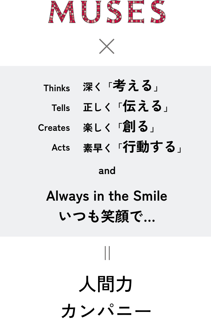 MUSES × 深く「考える」 正しく「伝える」 楽しく「創る」 素早く「行動する」 Always in the Smile いつも笑顔で... = 人間力カンパニー